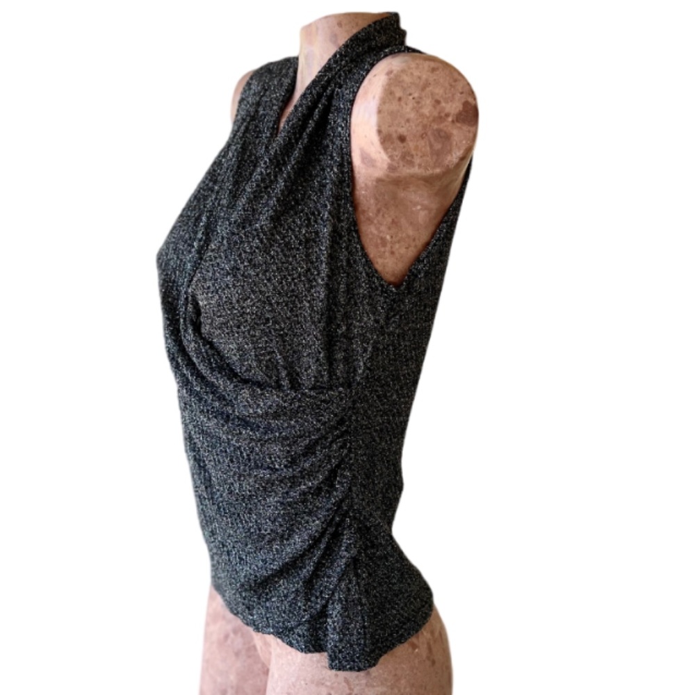 Metallic V-neck Faux Wrap Side Cinched Sleeveless Top - Picture 3 of 6